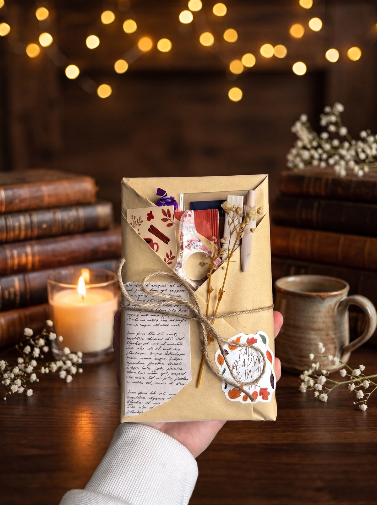 Livre mystère Enemies to Lovers emballé en papier kraft, sur une table en bois avec bougie et livres anciens