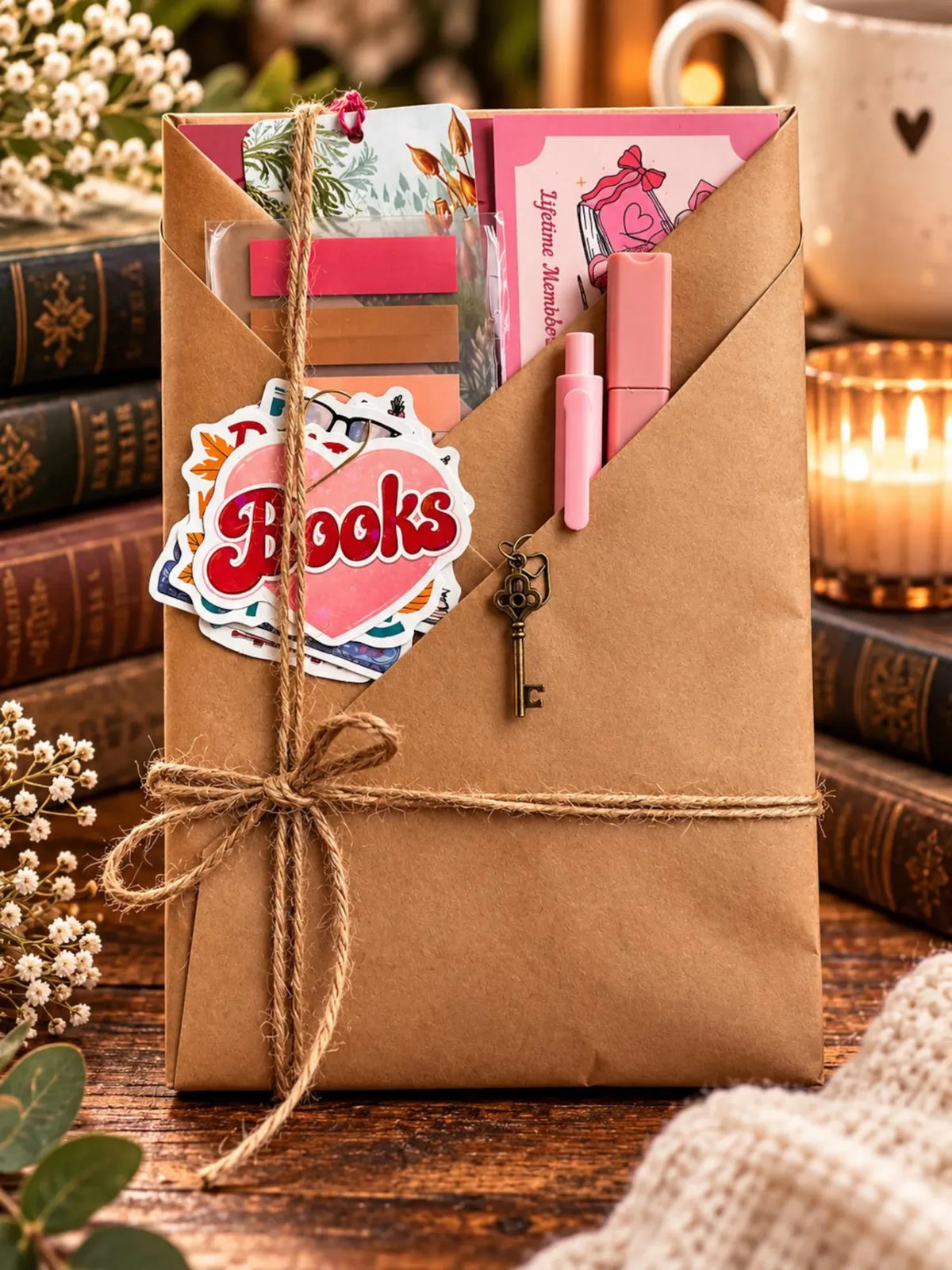 Livre mystère Slow Burn emballé en papier kraft, sur une table en bois avec des livres anciens